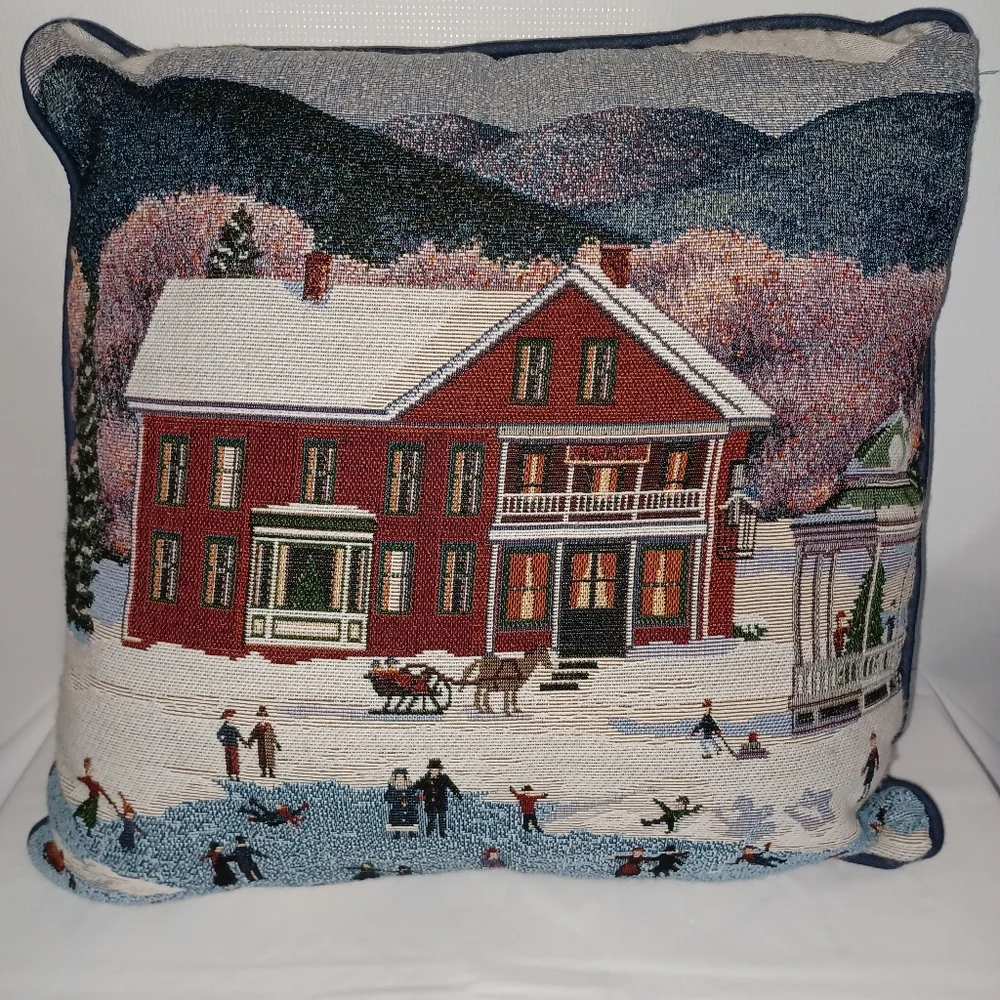 Holiday Tapestry Pillow with Winter Scene 16x16 Christmas Decor